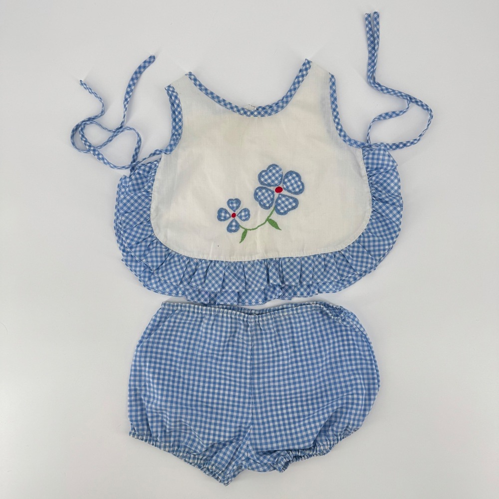 Vintage Kmart Baby Girls 12M Blue Gingham Floral Pinafore Top Bloomers Set 2PC
